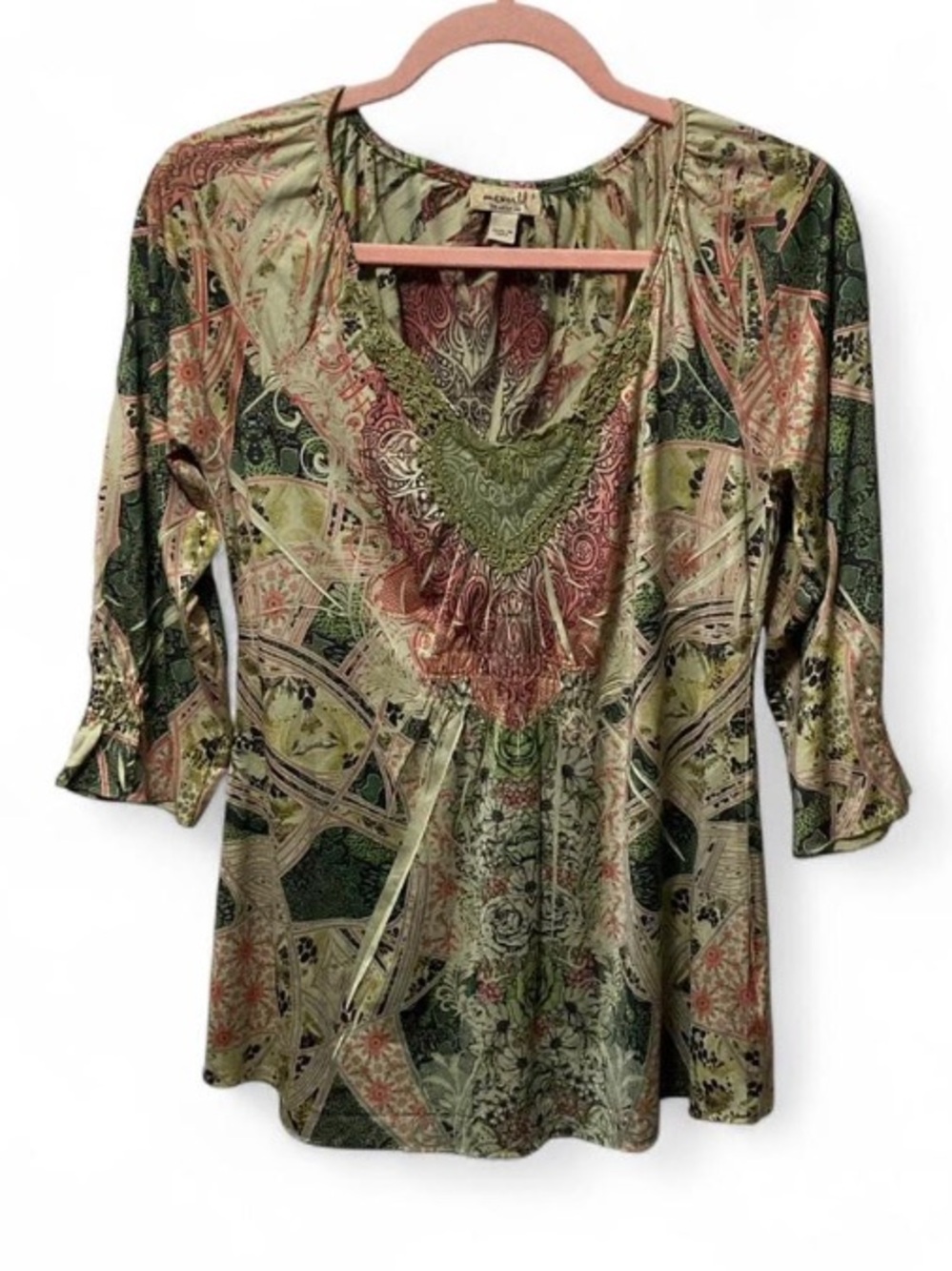 Boho Y2K Fairy Paisley V-Neck Printed Tunic Top - Olive Multi